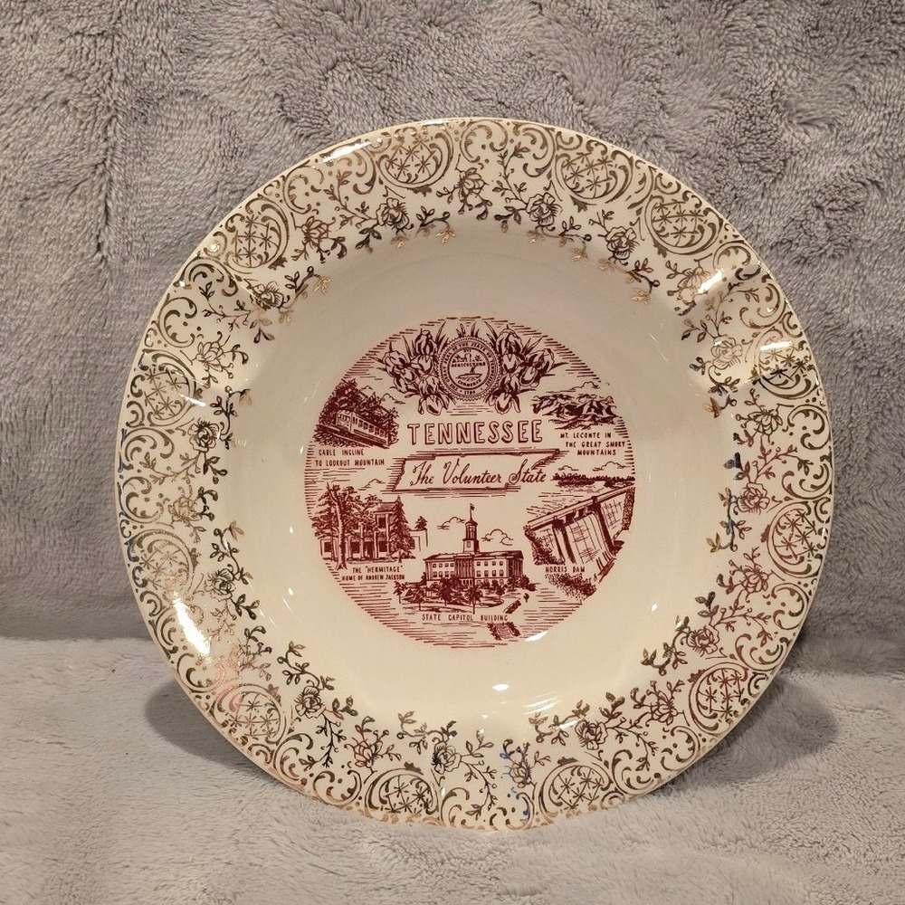 Vintage Tennessee The Volunteer State Souvenir Ashtray 22K Gold Filigree Rim